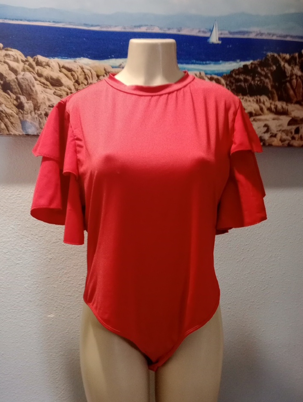 SHEIN Coral Red Ruffle Sleeve Bodysuit